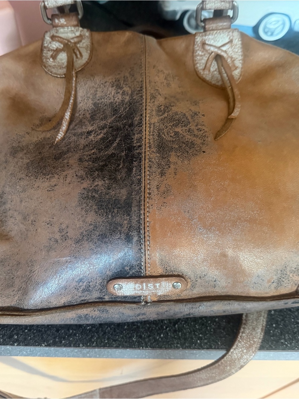 Bed Stu Two-Tone Distressed Leather Tote in Brown and Black